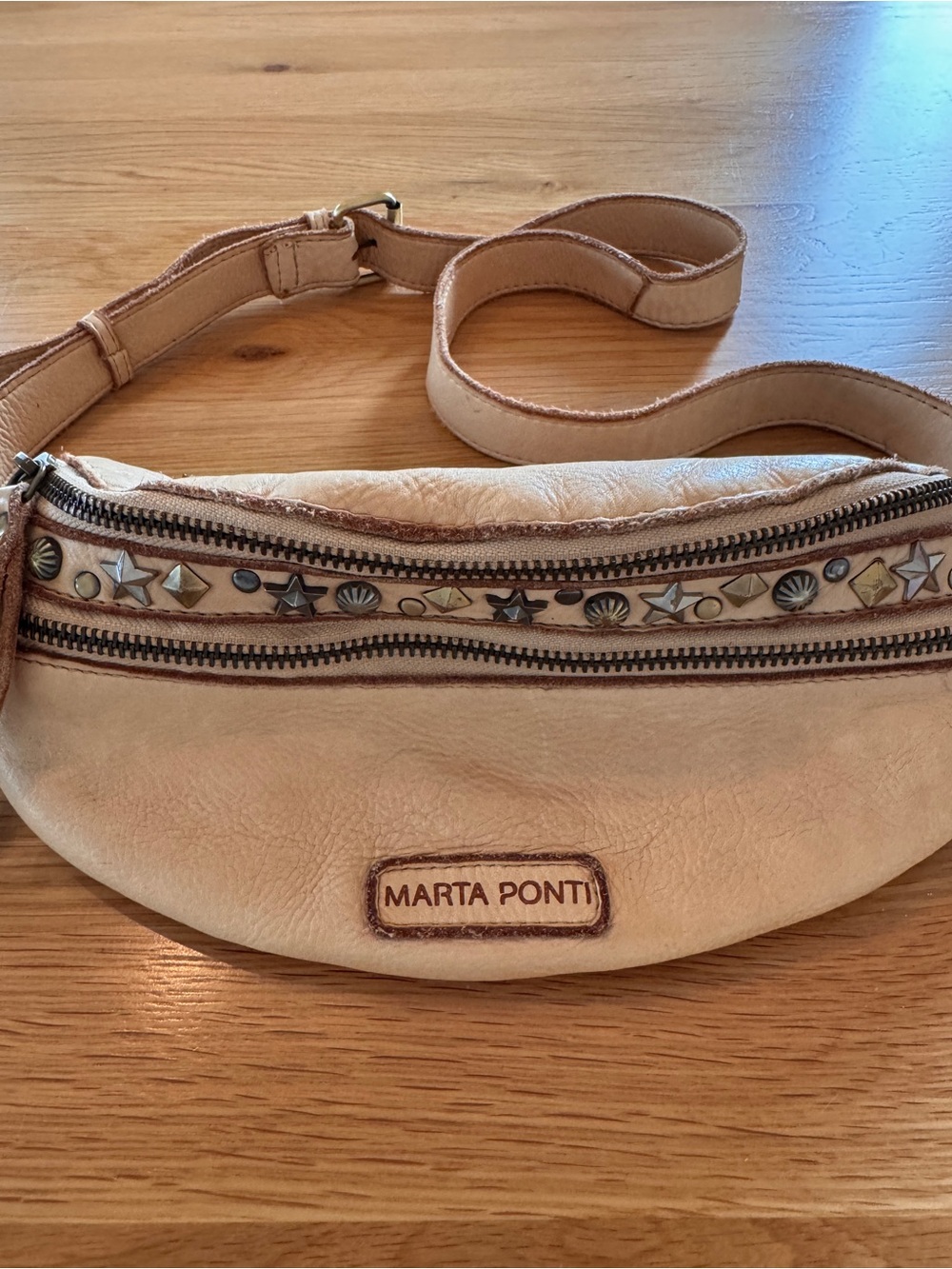 Marta Ponti Beige Leather Crossbody Belt Bag with Stud Accents